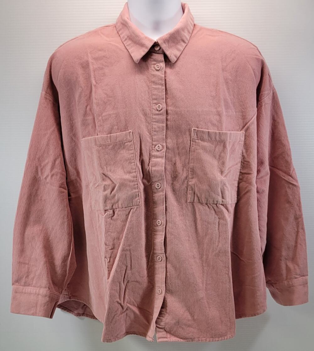 H) Divided by H&M Women's Corduroy Button Down Pink Cotton Shirt Large